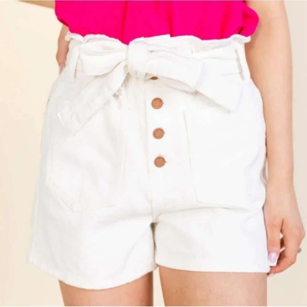 White Paperbag Waist Shorts High Rise Button Front Belted Cotton NWT M